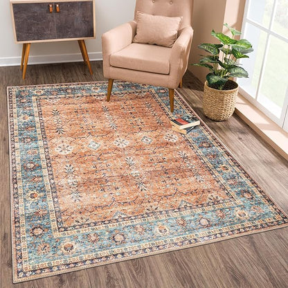Bloom Rugs Washable Non-Slip 10x14 Rug - Orange/Teal Blue Traditional Bordered Area Rug for Living Room, Bedroom, Dining Room, and Kitchen - Exact Size: 10' x 14'