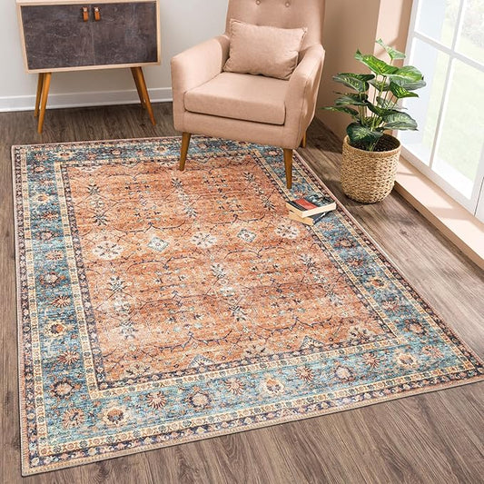 Bloom Rugs Washable Non-Slip 9' x 12' Rug - Orange/Teal Blue Traditional Bordered Area Rug for Living Room, Bedroom, Dining Room, and Kitchen - Exact Size: 9' x 12'
