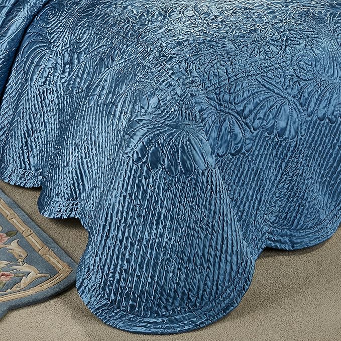 Touch of Class Portia Luxury Bedding | Rich Sapphire Blue | Premier Quilted Polyester Satin | Hand Guided Machine Quilted Scroll Design 3 Piece Set: Full Oversized Bedspread & 2 Standard Shams