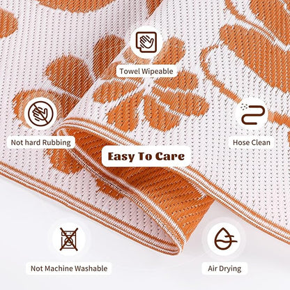 Ileading Outdoor Plastic Straw Rug 5x8ft Funny Floral Style Reversible Patio Area Rugs Waterproof Non Shedding Portable Carpets for Rv Outside Deck Pool Beach Picnic Camping (Orange)