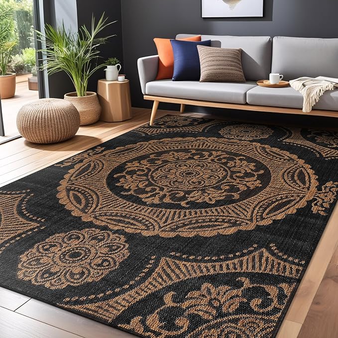 Medallion Outdoor Rug 8x10 Washable Outside Carpet for Indoor Patio Porch Waterproof Easy Cleaning Non Shedding Area Rugs Nut Brown 8 x 10
