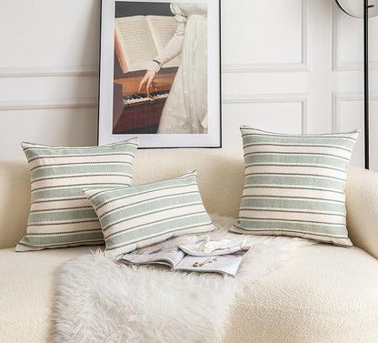 Decorative Boho Throw Pillow Covers, Farmhouse Textured Pillow Case, 18 x 18 Inch Set of 2, Chair Sofa Bedroom Living Room Home Decor Couch Cushion Case, Green and Beige Striped