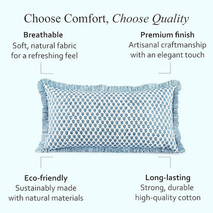 CPC Apatite Blue 100% Cotton Block Print Ruffle Sham Cover 20X36 inch Pack of 2, Handmade Boho Floral Pillowcase, Soft Decorative King Bed Pillow Cover for Bedroom Décor