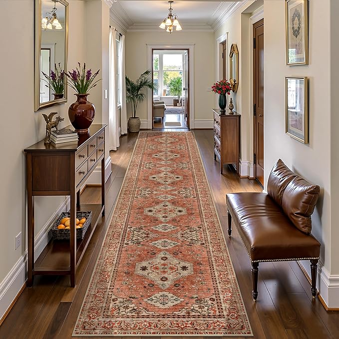 Tangsoo Boho Hallway Runner Rug 2.6x14 Washable Runner Rug for Hallways, Non Slip Vintage Soft Low Pile Long Rug Runner, Oriental Terracotta Carpet Runners for Kitchen Bedroom Entryway Living Room