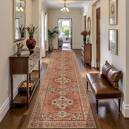 Tangsoo Boho Hallway Runner Rug 2.6x14 Washable Runner Rug for Hallways, Non Slip Vintage Soft Low Pile Long Rug Runner, Oriental Terracotta Carpet Runners for Kitchen Bedroom Entryway Living Room