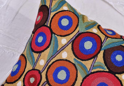 Yellow Floral Poppy Pillow Cover - Red Floral Outdoor Pillowcase - Suzani Accent Pillow - Flower Accent Cushions - Hand Embroidered Wool - Size 18x18