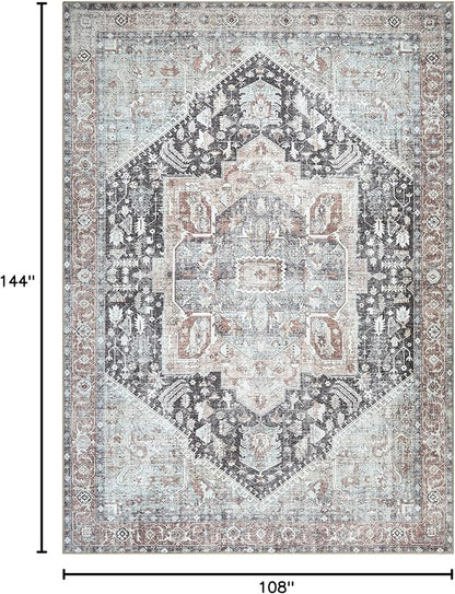 Bloom Rugs Washable Non-Slip 9' x 12' Rug - Charcoal/Brown Traditional Medallion Area Rug for Living Room, Bedroom, Dining Room, and Kitchen - Exact Size: 9' x 12'