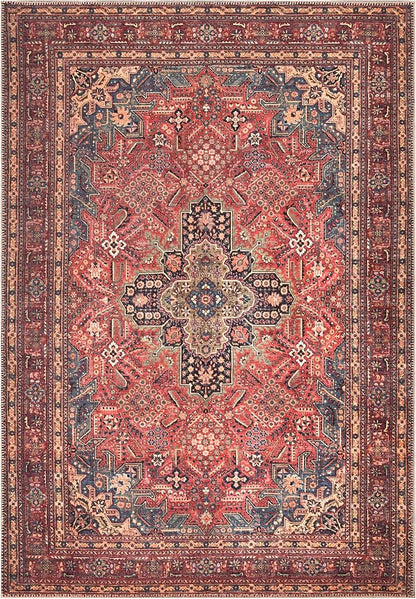 Bloom Rugs Washable Non-Slip 6' x 9' Rug - Red/Teal Blue/Yellow Traditional Medallion Area Rug for Living Room, Bedroom, Dining Room, and Kitchen - Exact Size: 6' x 9'