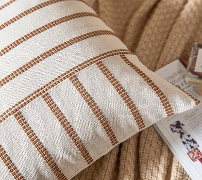 Caflife Boho Throw Pillow Covers 12x20 Set of 2 Soft Farmhouse Decorative Couch Pillow Cases Brown Striped Pillow Covers Neutral Cushion Covers for Sofa Bed Living Room Home Decor