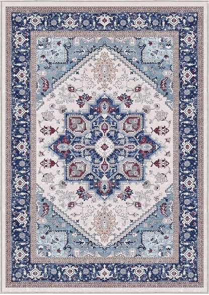 OPPODREAM Thin 10x14 Area Rugs, Washable Rugs 10x14 with Non Slip Backing, Low-Pile Faux Cashmere 10 x 14 Carpet, Navy Blue & Red & Cream