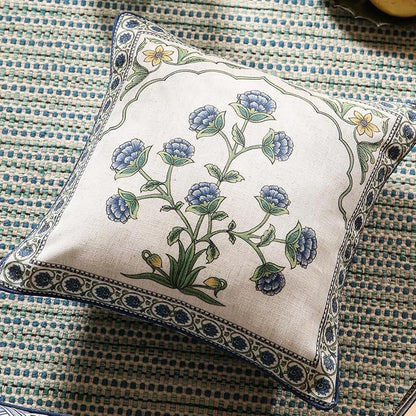 patdrea Designer Throw Pillow Covers,Blue Euro Elegant Linen with Blooming Floral Pattern Pillow Cover,Decorative Square Pillowcases Cushion for Bed Living Room Outdoor Car,18"x18"