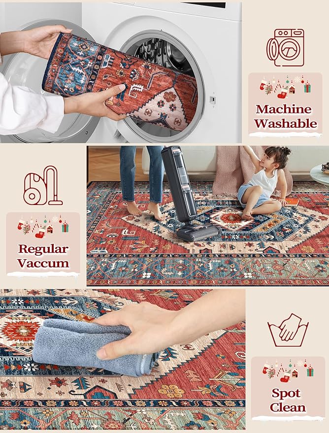 SERISSA Runner Rug for Hallways, 2'6"x10' Washable Non Slip Kitchen Runner Rug, Long Boho Rug Vintage Rust Hallway Stair Ultra Soft Print Floor Carpet for Bedroom Bathroom Laundry Room