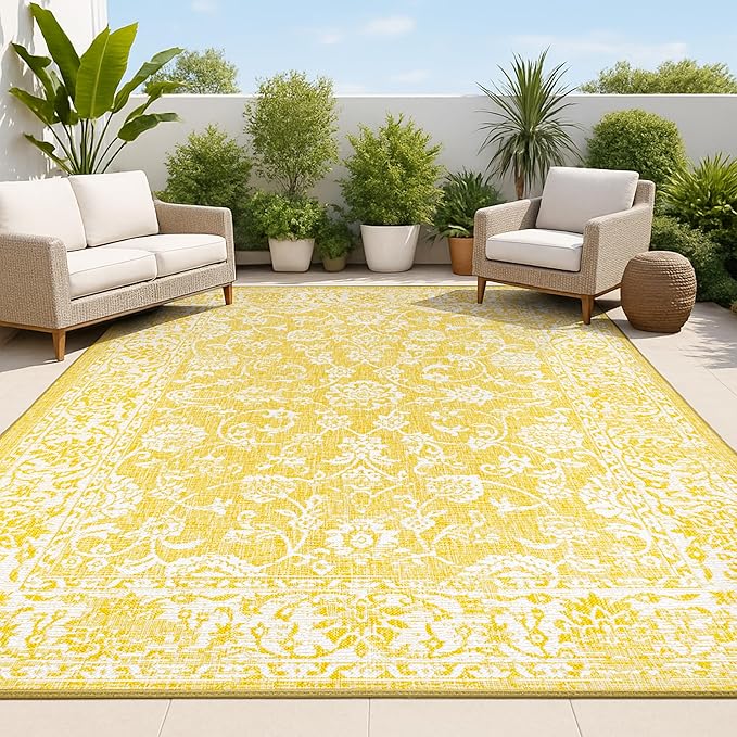 JONATHAN Y Weave Floral Indoor Outdoor Area Rug 5X8 Yellow/Cream, Tela Bohemian Textured for Backyard, Patio, Porch, Easy-Cleaning, High Traffic, Pet-Friendly, Non-Shedding (SMB100E-5)