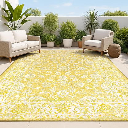 JONATHAN Y Weave Floral Indoor Outdoor Area Rug 5X8 Yellow/Cream, Tela Bohemian Textured for Backyard, Patio, Porch, Easy-Cleaning, High Traffic, Pet-Friendly, Non-Shedding (SMB100E-5)