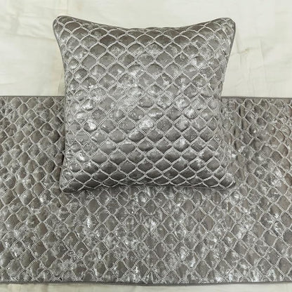The HomeCentric King/Queen/Twin Grey & Silver Designer Twin 53"x18" Bed Runner Without Pillow Cover, Quilted, Foil & Trellis Bed Scarf on Silk Fabric - Jumanah