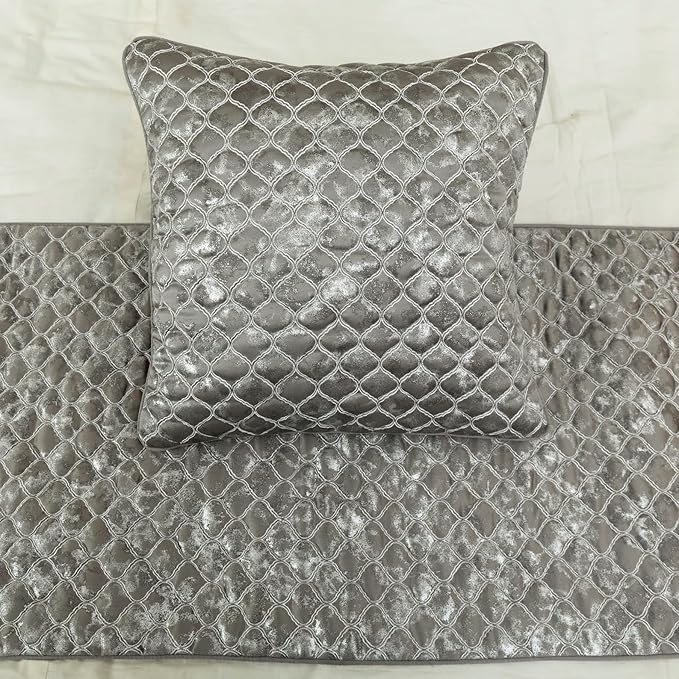 The HomeCentric King/Queen/Twin Grey & Silver Designer CA King 86"x18" Bed Runner with Pillow Cover, Quilted, Foil & Trellis Bed Scarf on Silk Fabric - Jumanah