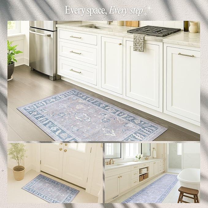 Fame Rugs Gray Modern Oushak Rug 2'6"x7', Washable Vintage Turkish Colorful Oriental Antique Inspired Foldable Small Runner Rugs, Luxury Living Room Bedroom (389GBB, 2'6" x 7')