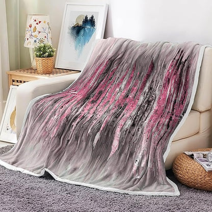 Abstract Throw Blankets, Modern Pink Gold crackNon Cozy Warm Bed Couch Blanket, Stripe Contemporary Abstract Painting White Fleece Flannel Throws to Decorate The Room and Bedroom