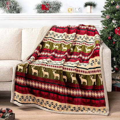 PAVILIA Premium Christmas Sherpa Throw Blanket, Green Red Cabin Design with Reindeer Print, Ultra Soft Reversible Fleece & Sherpa 60x80 Cozy Winter Blanket, Cozy Christmas Holiday Decor