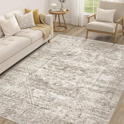 Vintage Living Room Area Rug 6x9 - Large Soft Washable Oriental Traditional Distressed Farmhouse Rugs for Bedroom - Indoor Floor Accent Carpet for Home Office House Decor - Distressed Light Brown