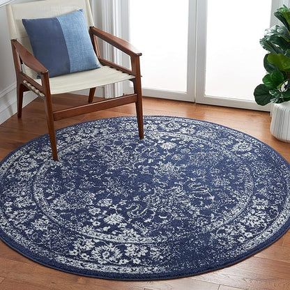 SAFAVIEH Adirondack Collection Area Rug - 6'7" Round, Navy & Ivory, Distressed Vintage Floral Design, Non-Shedding & Easy Cleaning, Ideal for Living Room, Bedroom, Dining Space (ADR109N)