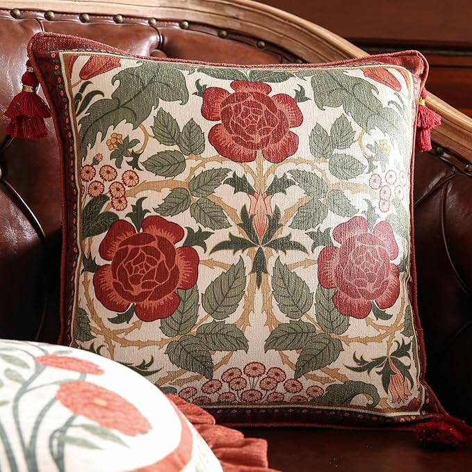 Throw Pillow Covers Pack of 2,Red Cozy Velvet with Leaves and Floral Pattern Pillowcases,Decoration Square Pillows Cushion Covers for Living Room Couch Sofa Bed Car Chair,18"x18"