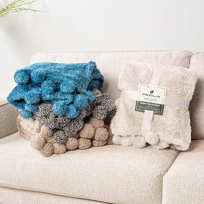 PAVILIA Cream Sherpa Throw Blanket for Couch, Warm Plush Pom Pom Blanket Throw, Ivory Fuzzy Sofa Throw, Lightweight Soft Cozy Fluffy Blanket with Pom Poms, Beige, 50x60