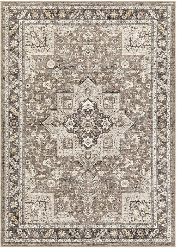 Vintage Living Room Area Rug 7x9 - Large Soft Washable Oriental Traditional Distressed Farmhouse Rugs for Bedroom - Indoor Floor Accent Carpet for Home Office House Decor - Brown