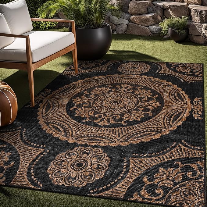 Medallion Outdoor Rug 8x10 Washable Outside Carpet for Indoor Patio Porch Waterproof Easy Cleaning Non Shedding Area Rugs Nut Brown 8 x 10