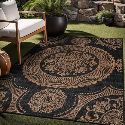 Medallion Outdoor Rug 10x14 Washable Outside Carpet for Indoor Patio Porch Waterproof Easy Cleaning Non Shedding Area Rugs Nut Brown 10 x 14