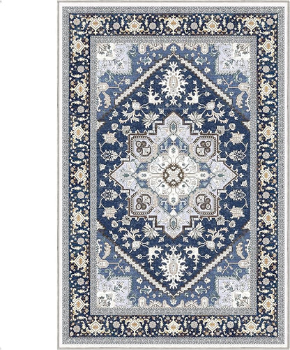 OPPODREAM Thin Area Rugs 4x6, Low-Pile Washable Rugs 4x6 with Non Slip Backing, Faux Cashmere 4 x 6 Throw Carpet, Navy Blue & Gold