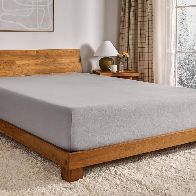 Bare Home Flannel Fitted Bottom Sheet 100% Cotton, Velvety Soft Heavyweight - Double Brushed Flannel - Deep Pocket (Twin, Light Grey)