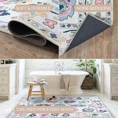 Fame Living Colorful Oushak Runner Rug, Modern Runners, Turkish, Eclectic, Floral, Pastel, Washable, Small Throw Rugs, Short Runner for Hallway, Entryway, Foyer, Bedroom, Kitchen, Bathroom, 2'5"x6'5"