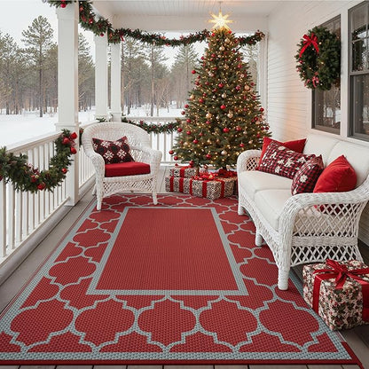 GENIMO 5' x 8' Outdoor Rug Waterproof for Patio Christmas Decor, Foldable Reversible Plastic Straw Area Rugs Mat for Camper, Outside Carpet for Rv, Deck, Porch, Picnic, Beach, Balcony, Red & Grey