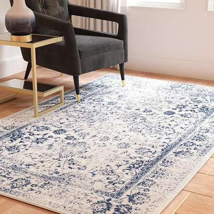 SAFAVIEH Adirondack Collection Area Rug - 5'1" x 7'6", Ivory & Navy, Distressed Vintage Floral Design, Non-Shedding & Easy to Clean, Ideal for Living Room, Bedroom, Dining Space (ADR109M)