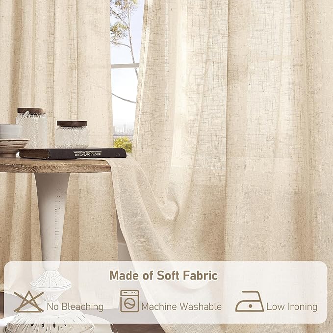 LAMIT Natural Linen Semi Sheer Curtains 63 Inch for Bedroom, Light Filtering Curtains Farmhouse Boho Back Tab and Rod Pocket Drapes for Dining Room, 2 Panels (38 x 63 Inch, Linen)