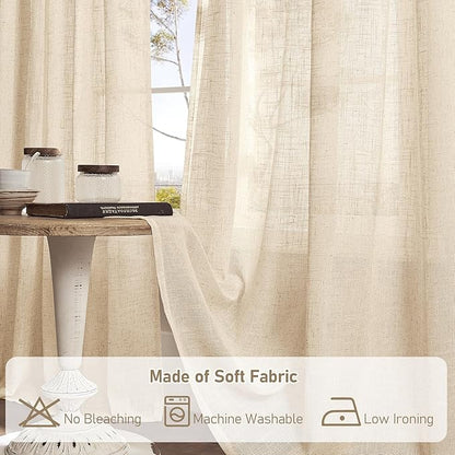 LAMIT Light Filtering Linen Curtains 68 inches Long for Bedroom, Faux Linen Textured Semi Sheer Back Tab and Rod Pocket Boho Modern Drapes for Living Room/Farmhouse, Linen, 2 Panels, 52 x 68 Inch