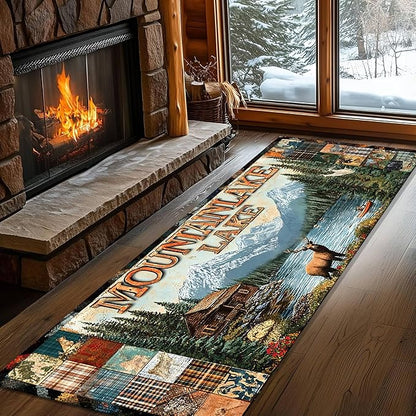 Retro Elk Runner Rug 3.3x10ft with Boat and Alpine Flowers - Bohemian Washable Rug Thick Anti-Fatigue Mat for Entryway, Geometric Art Pattern Living Room Hallway Entrance Decor