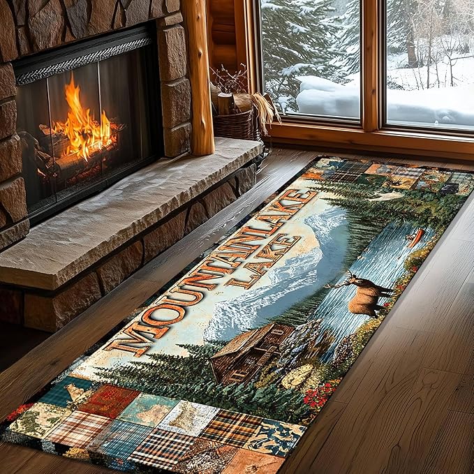 Retro Elk Runner Rug 2.6x10ft with Boat and Alpine Flowers - Bohemian Washable Rug Thick Anti-Fatigue Mat for Entryway, Geometric Art Pattern Living Room Hallway Entrance Decor