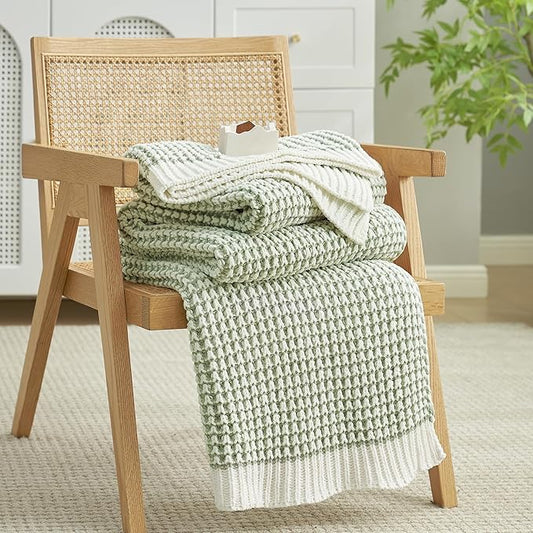 Amélie Home Waffle Chenille Throw Blanket for Couch, Pineapple Stitch Knit Soft Cozy Knit Blanket Decorative Throw for Sofa, Chair, 50"x60", Sage Green&Ivory
