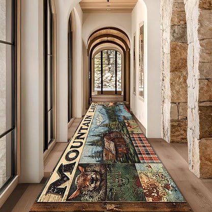 Multi-Color Elk Runner Rug 2x7ft with Floral Mountain Scene - Vintage Washable Floor Mat, Bohemian Rug for Kitchen Corridor, Canvas Art Style Decor