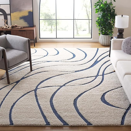 SAFAVIEH Florida Shag Collection X-Large Area Rug - 11' x 15', Cream & Blue, Non-Shedding & Easy Care, 1.2-inch Thick Ideal for High Traffic Areas in Living Room, Bedroom (SG471-1165)