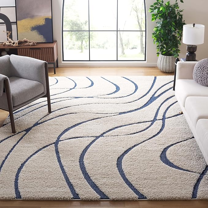 SAFAVIEH Area Rug 8x10 - Florida Shag Collection - Large - Cream & Blue, Non-Shedding & Easy Cleaning, Plush Thick Pile, Ideal for Living Room, Bedroom, Dining Space (SG471-1165)