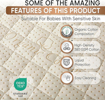 Crib Luxury Quilted Organic Mattress Protector Pad - Certified Organic Cotton, Waterproof Skin-Friendly Breathable Mattress Cover - Premium 380 GSM Comfort - Jersey Cotton Skirt