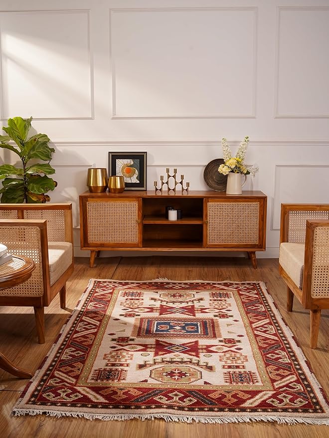 Hand Knotted Wool & Silk ECO-Friendly Oriental Area Rugs - 3'x5', Rectangle Shape, Cream Burgundy Color, Classic Oriental Traditional, Medium Pile Handmade Area Rugs (AF0102)
