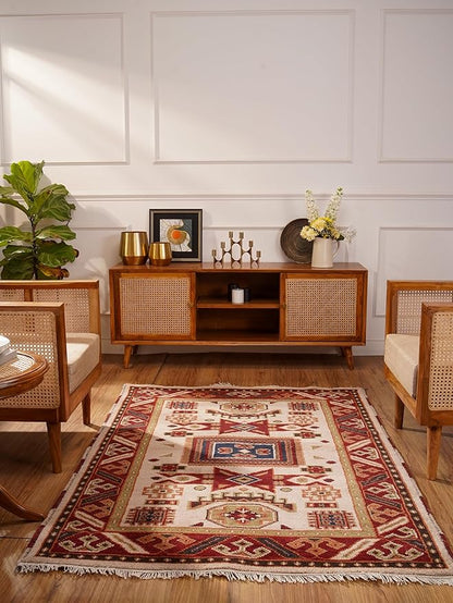 Hand Knotted Wool & Silk ECO-Friendly Oriental Area Rugs - 6'x9', Rectangle Shape, Cream Burgundy Color, Classic Oriental Traditional, Medium Pile Handmade Area Rugs (AF0102)