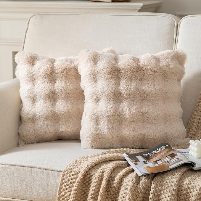 Pack of 2 Thick Plush Throw Pillow Covers Fluffy Wave Faux Fur Decorative Cushion Covers Soft Wool Pillowcase for Sofa Couch Livingroom 20x20 Inch Beige