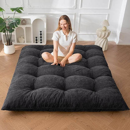 MAXYOYO Japanese Floor Mattress Full Size, 6" Foldable Futon Mattress Tufted Roll Up Floor Bed, Thick Chenille Tatami Mat Sleeping Pad for Camping Guest Room Dormitory Bedroom RV, Black