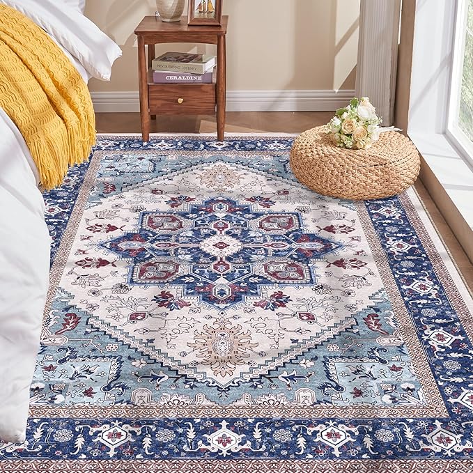 OPPODREAM Thin Area Rugs 4x6, Low-Pile Washable Rugs 4x6 with Non Slip Backing, Faux Cashmere 4 x 6 Throw Carpet, Navy Blue & Red & Cream