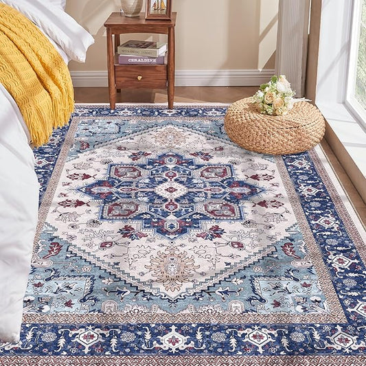 OPPODREAM Thin Area Rugs 3x5, Washable Rugs with Non Slip Backing, Low-Pile Throw 3x5 Carpet, Faux Cashmere 3 x 5 Carpet, Navy Blue & Red & Cream
